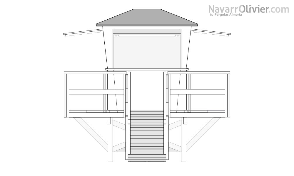 Caseta de vigilancia sobre torre con plataforma construida en madera autoclave